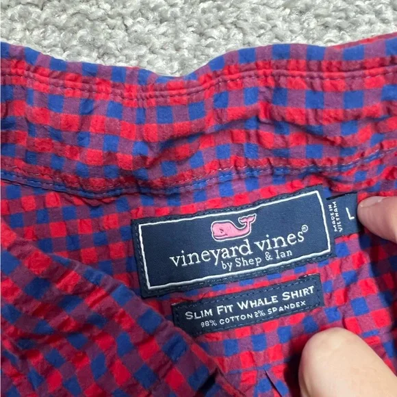 Vineyard Vines Shirt Men Large Red Blue Gingham Slim Fit Whale Button Seersucker - Picture 5 of 6